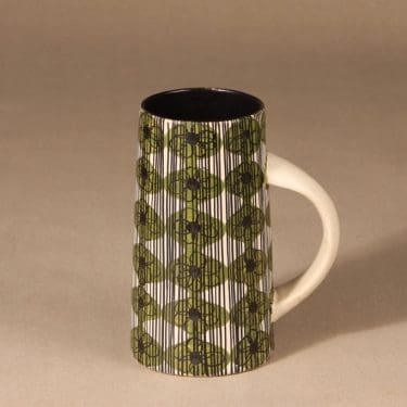 Kupittaan savi tuoppi, käsinmaalattu, suunnittelija Solveig Björkman, käsinmaalattu, retro