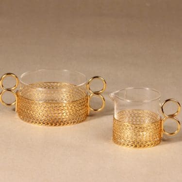 Iittala Tsaikka sugar bowl and creamer, clear, gold, Timo Sarpaneva