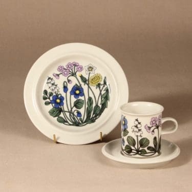 Arabia Flora kahvikuppi ja lautaset, suunnittelija Esteri Tomula, serikuva, kukka-aihe