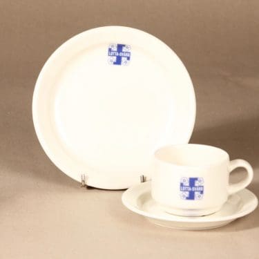 Arabia Lotta Svärd kahvikuppi ja lautaset, valkoinen, sininen, suunnittelija , painokoriste