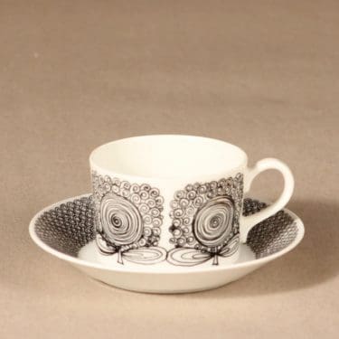 Arabia Calypso kahvikuppi, musta, suunnittelija Esteri Tomula, serikuva, abstrakti, kukka