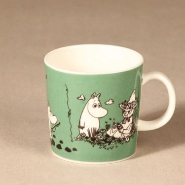 Arabia Muumi muki, tummanvihreä, suunnittelija Tove Slotte, serikuva, Nuuska Muikkunen