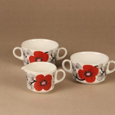 Arabia Isokukka sokerikot ja kermakko, punainen, suunnittelija Esteri Tomula, kukka, retro