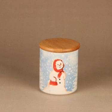 Arabia purkki, kannellinen, suunnittelija Minna Immonen, kannellinen, serikuva, lumiukko