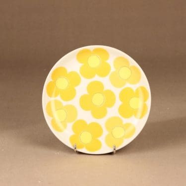 Arabia Aurinko lautanen, keltainen, suunnittelija Esteri Tomula, serikuva, kukka