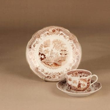 Arabia Singapore kahvikuppi ja lautaset, ruskea, suunnittelija , kuparipainokoriste