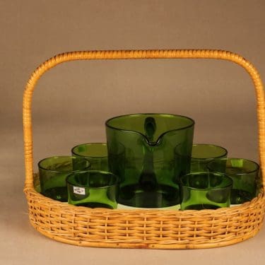 Nuutajärvi 5601/5023 pitcher 1 l ja glasses 18 cl with rattan basket designer Kaj Franck