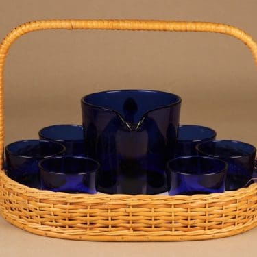 Nuutajärvi 5601/5023 pitcher 1 l and glasses 18 cl with rattan basket designer Kaj Franck