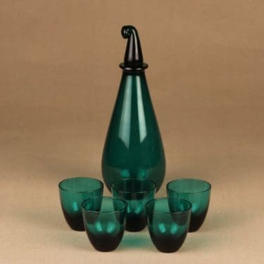 Riihimäen lasi Nukkumatti Karahvi 32 cl ja viisi lasia (5cl), turkoosi, 6 kpl, suunnittelija Nanny Still,