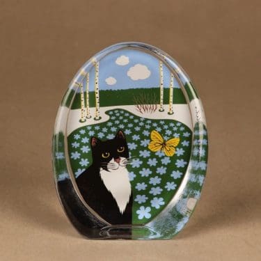 Iittala lasikortti, Kevät lammella, suunnittelija Martti Lehto, Kevät lammella, kissa, perhonen