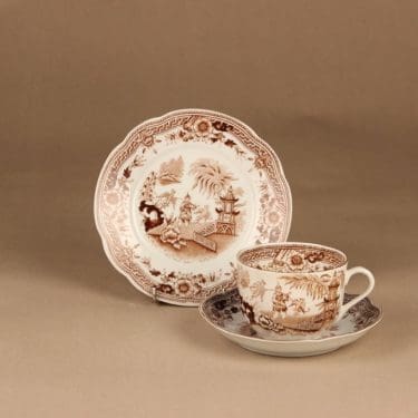 Arabia Singapore teekuppi ja lautaset(2), ruskea, suunnittelija , kuparipainokoriste