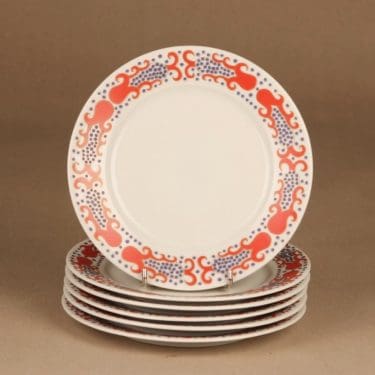 Arabia Esmeralda kakkulautanen, punainen, 6 kpl, suunnittelija Esteri Tomula, serikuva