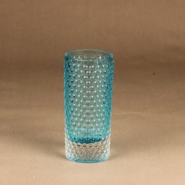 Nuutajärvi Näppylä maljakko, kirkas, turkoosi, suunnittelija Saara Hopea, signeerattu