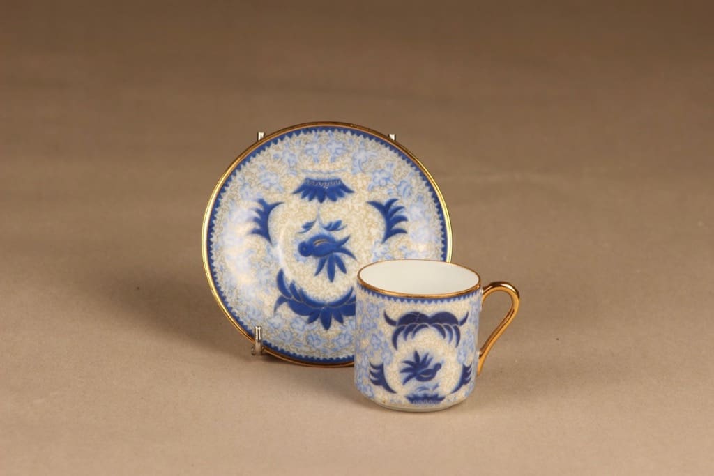 Arabia She-Fon mokkakuppi, sininen, kulta, suunnittelija Greta-Lisa Jäderholm-Snellman, kuparipainokoriste kuva 2