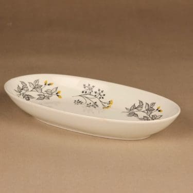 Arabia Hilkka tarjoiluvati, musta, keltainen, suunnittelija Esteri Tomula, soikea