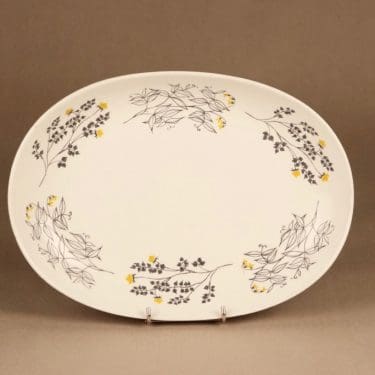 Arabia Hilkka tarjoiluvati, musta, keltainen, suunnittelija Esteri Tomula, soikea