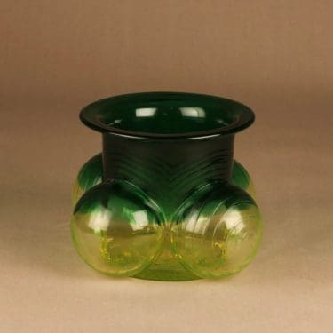 Riihimäen lasi Pajazzo maljakko, keltainen, vihreä, suunnittelija Nanny Still, retro