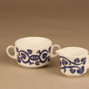 Arabia Lyydia sokerikko ja kermakko, sininen, suunnittelija Laila Hakala, serikuva, retro