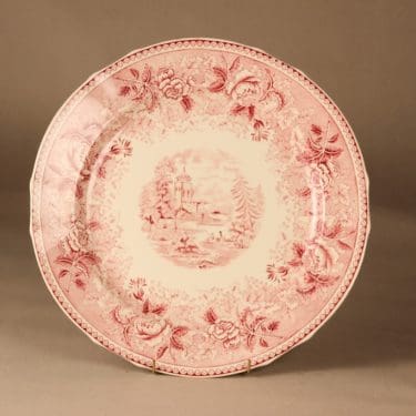 Arabia Maisema tarjoilulautanen, punainen, suunnittelija tuntematon, kuparipainokoriste