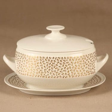 Arabia Kimmel kastikekaadin ja lautanen, valkoinen, kulta, suunnittelija Esteri Tomula, kukka