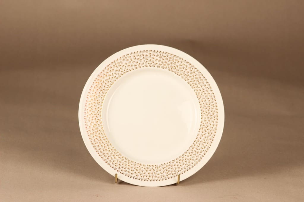 Arabia Kimmel salaattilautanen, valkoinen, kulta, suunnittelija Esteri Tomula, kukka