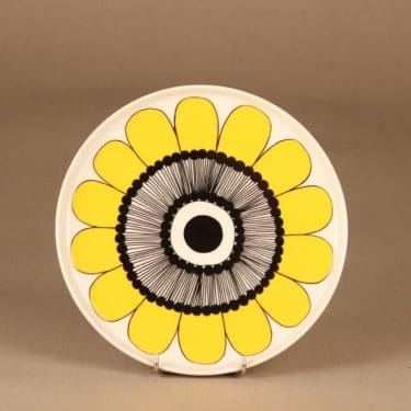 Marimekko Kestit lautanen, keltainen, musta, suunnittelija Maija Louekari, kukka