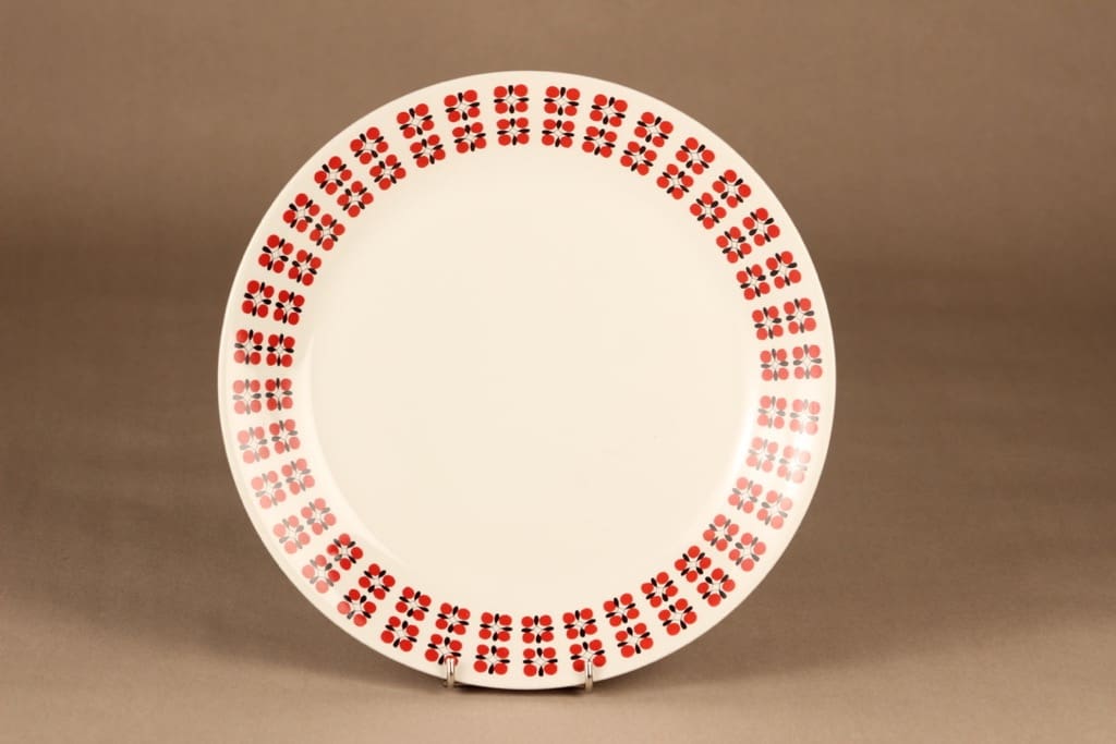 Arabia Eveliina tarjoilulautanen, punainen, musta, suunnittelija Esteri Tomula, serikuva, kukka