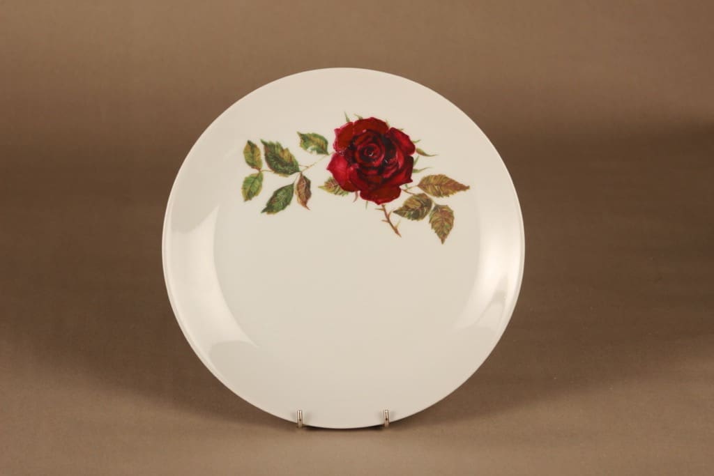 Arabia Ruusu tarjoilulautanen, punainen, vihreä, suunnittelija Anneli Qveflander, serikuva, kukka