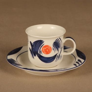 Arabia Arctica Nova kahvikuppi ja lautaset(2), sininen, oranssi, suunnittelija Dorrit von Fieandt, kukka, moderni kuva 2