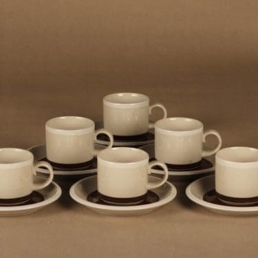 Arabia Raito kahvikuppi, ruskea, harmaa, valkoinen, 6 kpl, suunnittelija tuntematon, raitakoriste