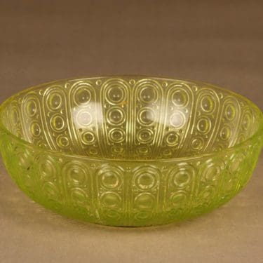 Riihimäen lasi Riikinkukko tarjoilukulho, keltainen, suunnittelija Nanny Still,