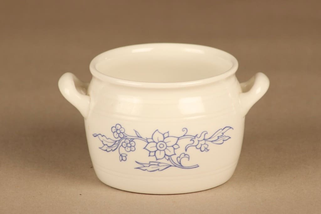 Arabia Sininen keittiö ruukku, valkoinen, sininen, suunnittelija Raija Uosikkinen, kukkakoriste