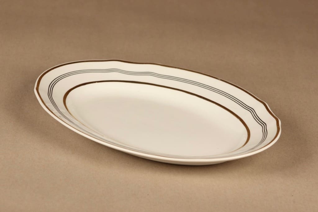 Arabia Hermes tarjoiluvati, valkoinen, kulta, musta, suunnittelija tuntematon, raitakoriste