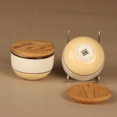 Arabia kulho, puukannella, 2 kpl, suunnittelija Inkeri Leivo, puukannella, raitakoriste, puukansi