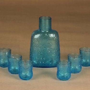 Nuutajärvi Fauna Karahvi + snapsilasit, turkoosi, suunnittelija Oiva Toikka,