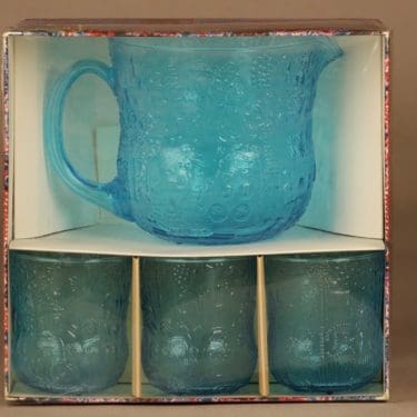 Nuutajärvi Fauna Kaadin 1 l ja lasit 18 cl, turkoosi, suunnittelija Oiva Toikka,