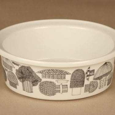 Arabia Tatti kulho, mustavalkoinen, suunnittelija Esteri Tomula, serikuva, sieni, tatti