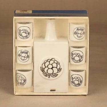 Arabia Lakka karahvi ja 6 lasia, mustavalkoinen, 1+6 kpl, suunnittelija Olli Vasa,