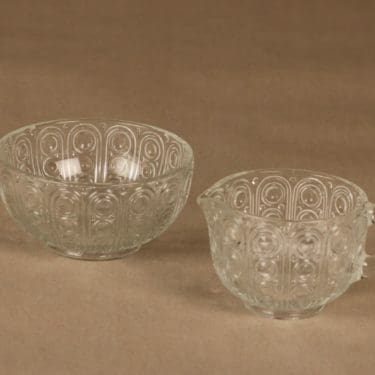 Riihimäen lasi Riikinkukko sokerikko ja kermakko, kirkas, suunnittelija Nanny Still,