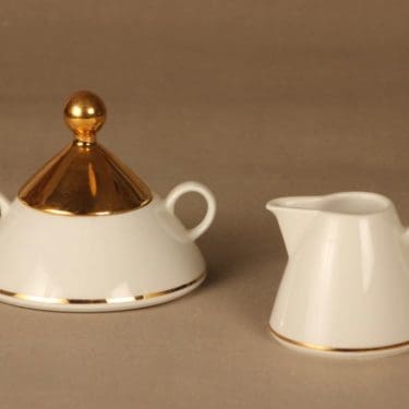 Arabia Harlekin Gold sokerikko ja kermakko, kulta, valkoinen, suunnittelija Inkeri Leivo,