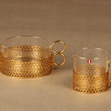 Iittala Karaatti sokerikko ja kermakko, kirkas, kulta, suunnittelija Timo Sarpaneva, Tsaikka