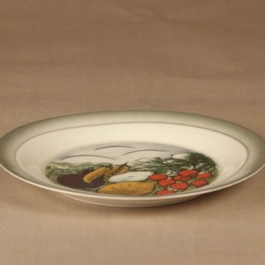 Arabia Tuuli lautanen, Salaatti syntyy, suunnittelija Heljä Liukko-Sundström, Salaatti syntyy, serikuva, hedelmä