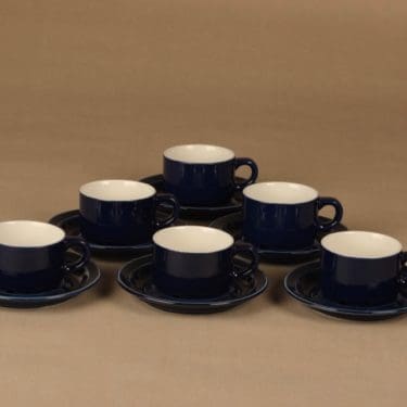 Arabia Kasino kahvikuppi, sininen, valkoinen, 6 kpl, suunnittelija Göran Bäck,