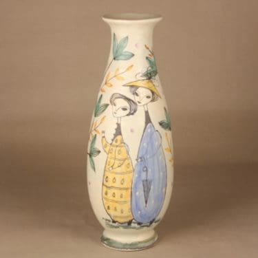 Kupittaan savi maljakko, käsinmaalattu, suunnittelija Laila Zink, käsinmaalattu, signeerattu