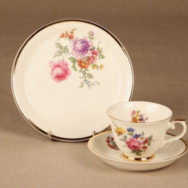 Arabia Kulta-aika kahvikuppi ja lautaset(2) nro IV, monivärinen, suunnittelija tuntematon, serikuva, kukka