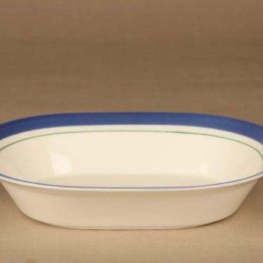 Arabia Balladi uunivuoka, sininen, valkoinen, suunnittelija Heikki Orvola, raitakoriste