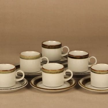 Arabia Karelia kahvikuppi, ruskea, harmaa, 6 kpl, suunnittelija Anja Jaatinen-Winquist, raitakoriste