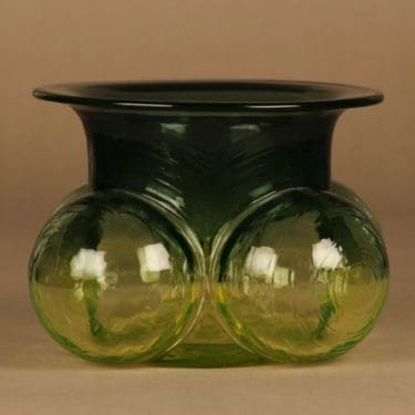 Riihimäen lasi Pajazzo maljakko, vihreä, keltainen, suunnittelija Nanny Still, signeerattu