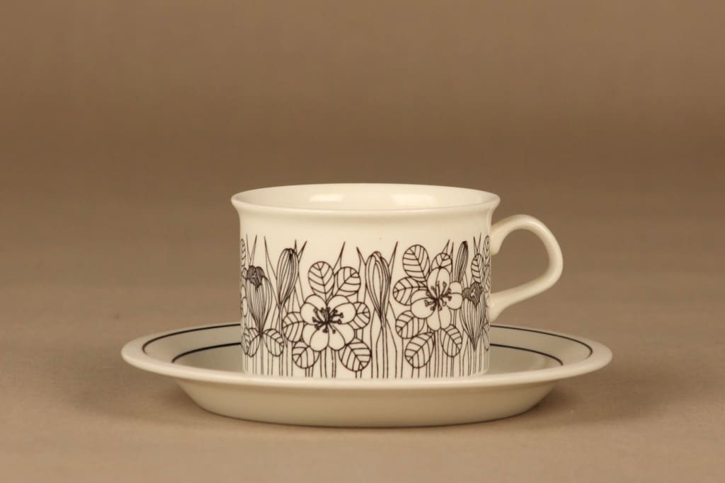 Arabia Krokus teekuppi, mustavalkoinen, suunnittelija Esteri Tomula, kukka, serikuva
