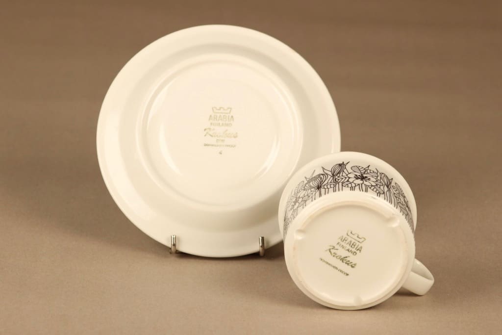 Arabia Krokus teekuppi, mustavalkoinen, suunnittelija Esteri Tomula, kukka, serikuva kuva 3